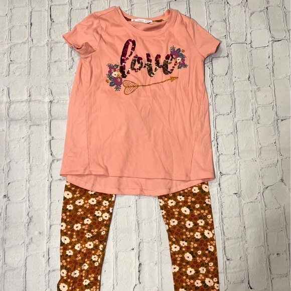 Girls' Size 7/8 Casual Wear Set: Peach Affirmation Shirt & Floral Leggings - Picture 1 of 4